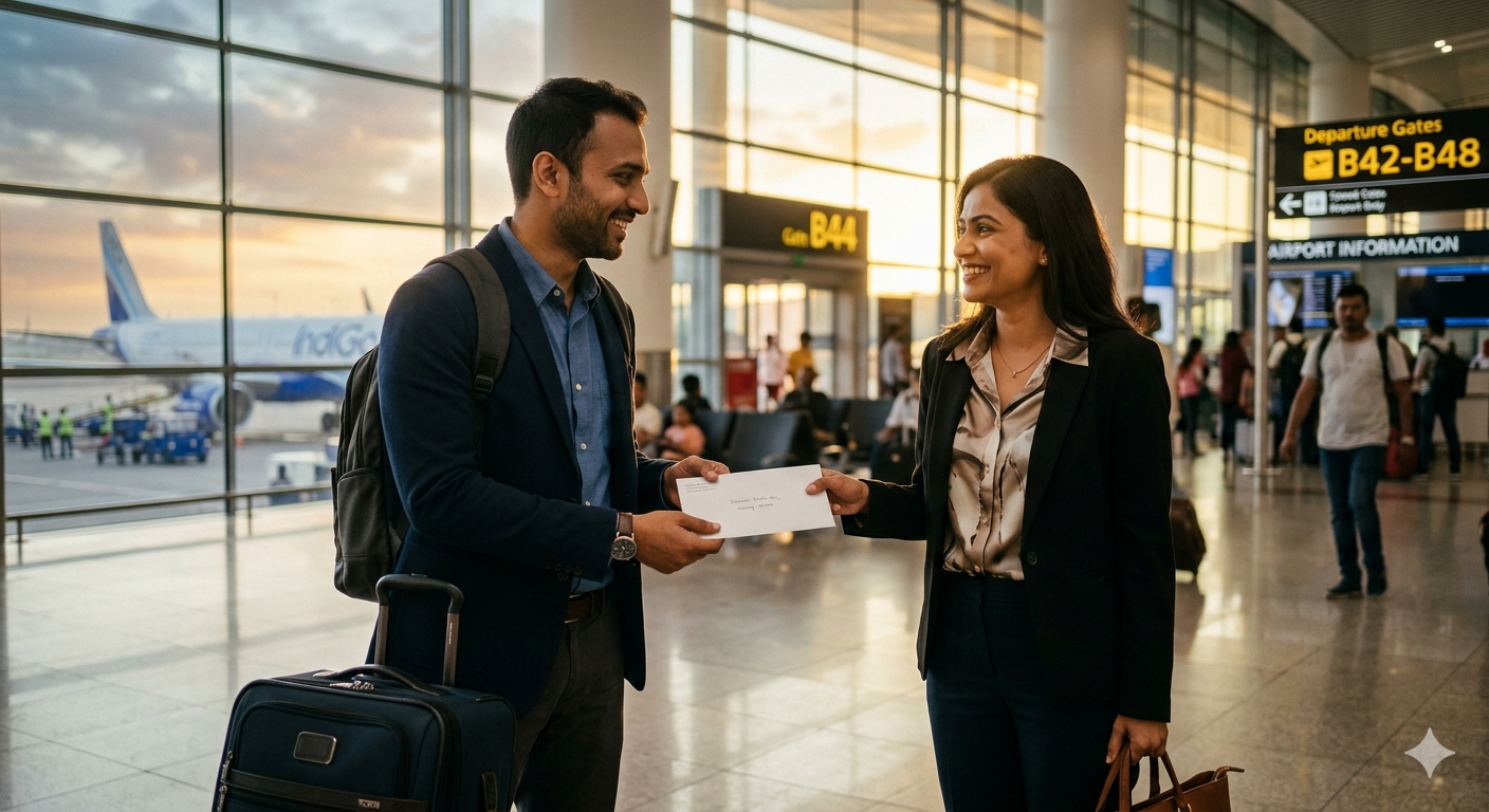 Sender handing documents to a verified traveller at departure airport